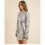 Sukienka mini damska cekinowa – okrągły dekolt, długi rękaw - Arkadya Outlet - Women Mini Dress