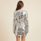 Sukienka mini damska cekinowa – okrągły dekolt, długi rękaw - Arkadya Outlet - Women Mini Dress