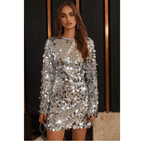 Sukienka mini damska cekinowa – okrągły dekolt, długi rękaw - Arkadya Outlet - Women Mini Dress