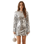 Sukienka mini damska cekinowa – okrągły dekolt, długi rękaw - Arkadya Outlet - Women Mini Dress