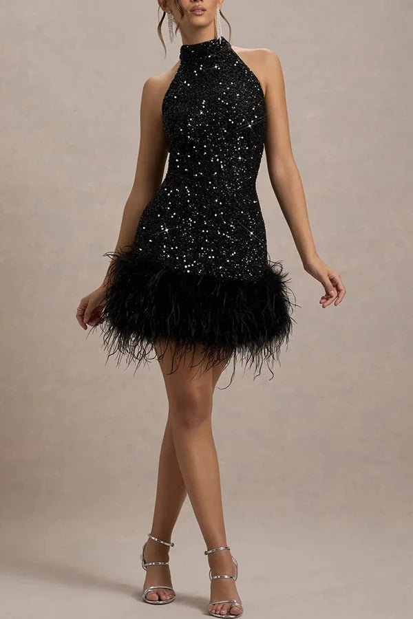 Sukienka mini damska cekinowa z dekoltem halter – bez rękawów, wiązanie przy szyi - Arkadya Outlet - Women Mini Dress