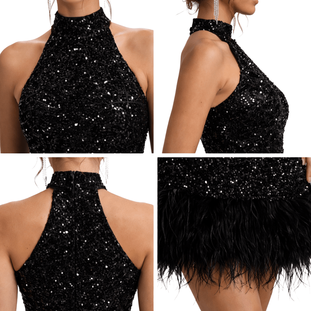 Sukienka mini damska cekinowa z dekoltem halter – bez rękawów, wiązanie przy szyi - Arkadya Outlet - Women Mini Dress
