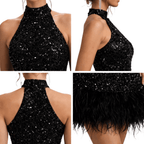Sukienka mini damska cekinowa z dekoltem halter – bez rękawów, wiązanie przy szyi - Arkadya Outlet - Women Mini Dress