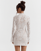 Sukienka mini koronkowa z wysokim kołnierzem - Arkadya Outlet - Women Mini Dress