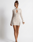 Sukienka mini koronkowa z wysokim kołnierzem - Arkadya Outlet - Women Mini Dress