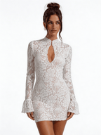 Sukienka mini koronkowa z wysokim kołnierzem - Arkadya Outlet - Women Mini Dress