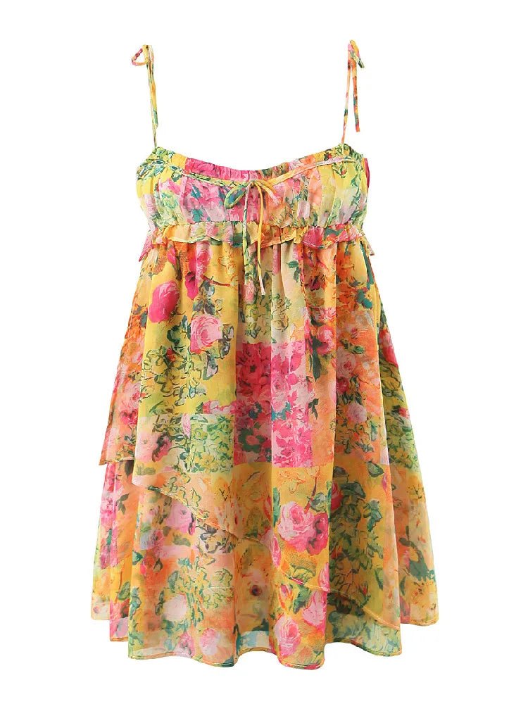 Sukienka mini w kwiaty warstwowa - Arkadya Outlet - Women Mini Dress