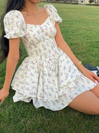 Sukienka mini w kwiaty z gorsetem i bufiastymi rękawami - Arkadya Outlet - Women Mini Dress