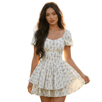 Sukienka mini w kwiaty z gorsetem i bufiastymi rękawami - Arkadya Outlet - Women Mini Dress