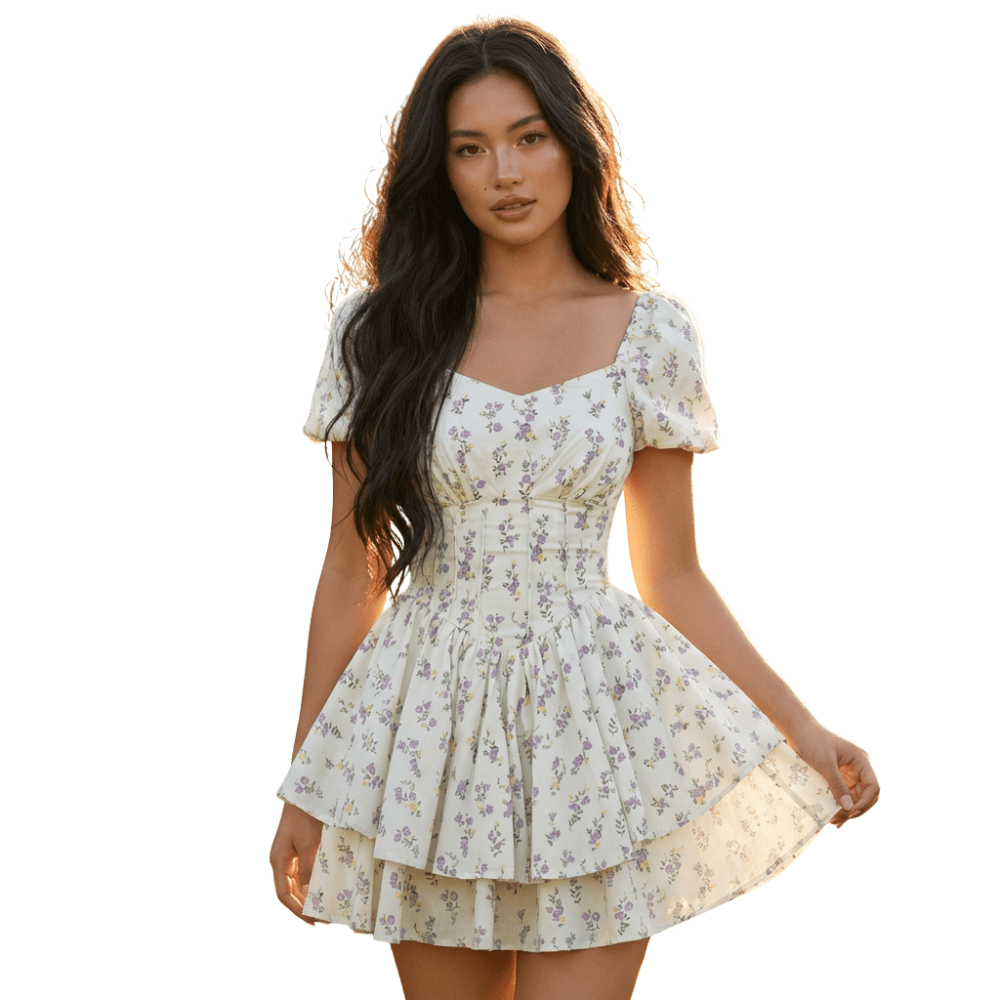 Sukienka mini w kwiaty z gorsetem i bufiastymi rękawami - Arkadya Outlet - Women Mini Dress