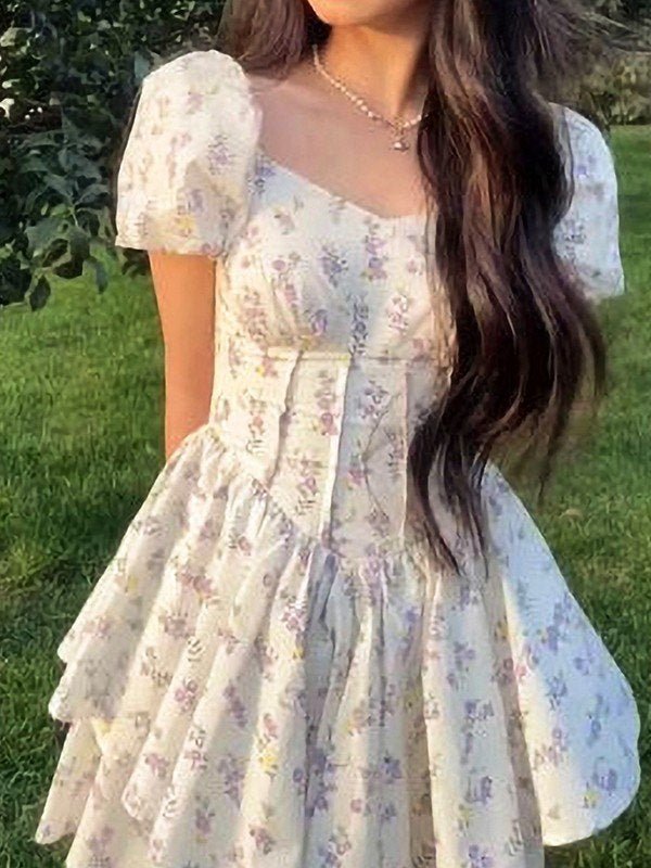Sukienka mini w kwiaty z gorsetem i bufiastymi rękawami - Arkadya Outlet - Women Mini Dress