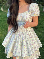 Sukienka mini w kwiaty z gorsetem i bufiastymi rękawami - Arkadya Outlet - Women Mini Dress