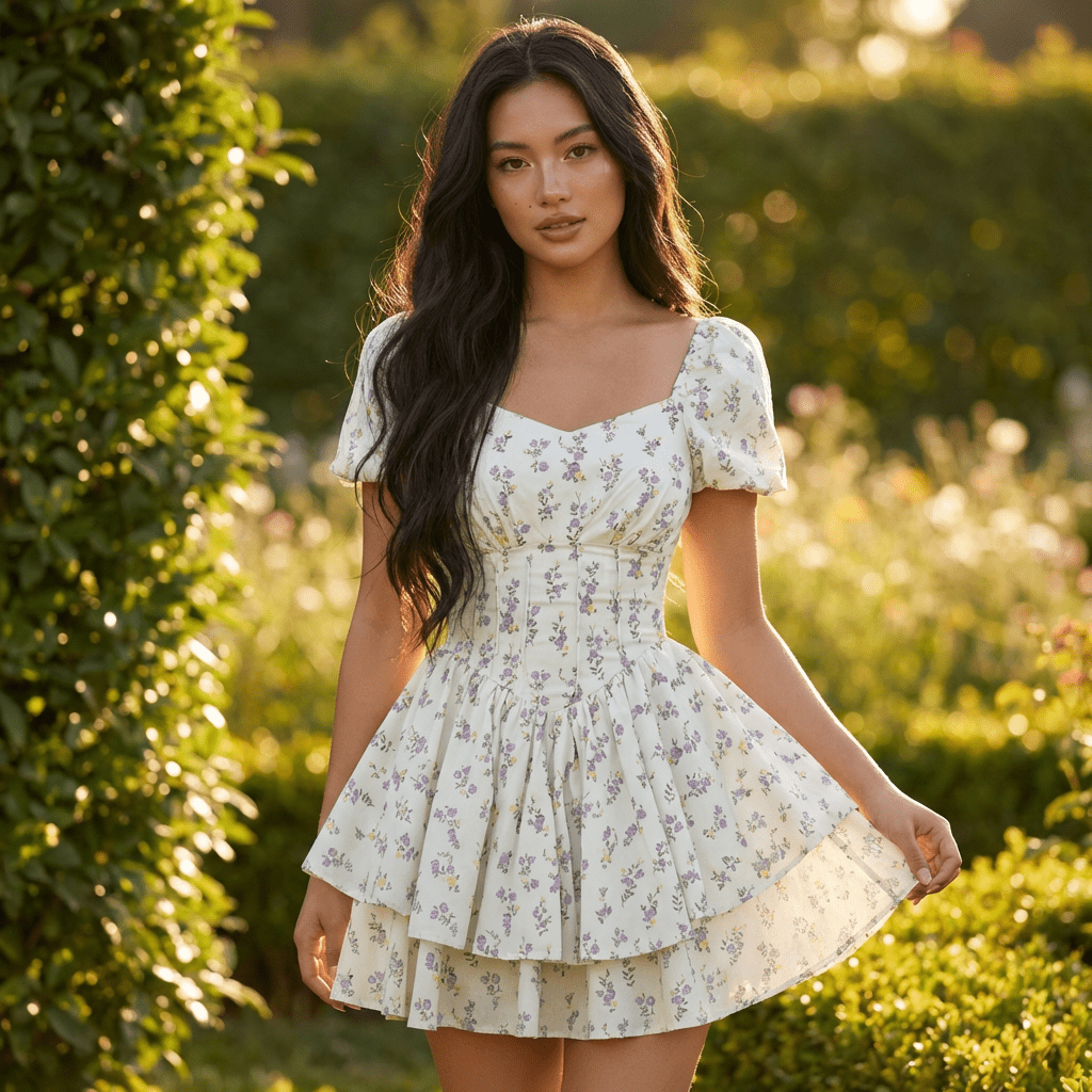 Sukienka mini w kwiaty z gorsetem i bufiastymi rękawami - Arkadya Outlet - Women Mini Dress
