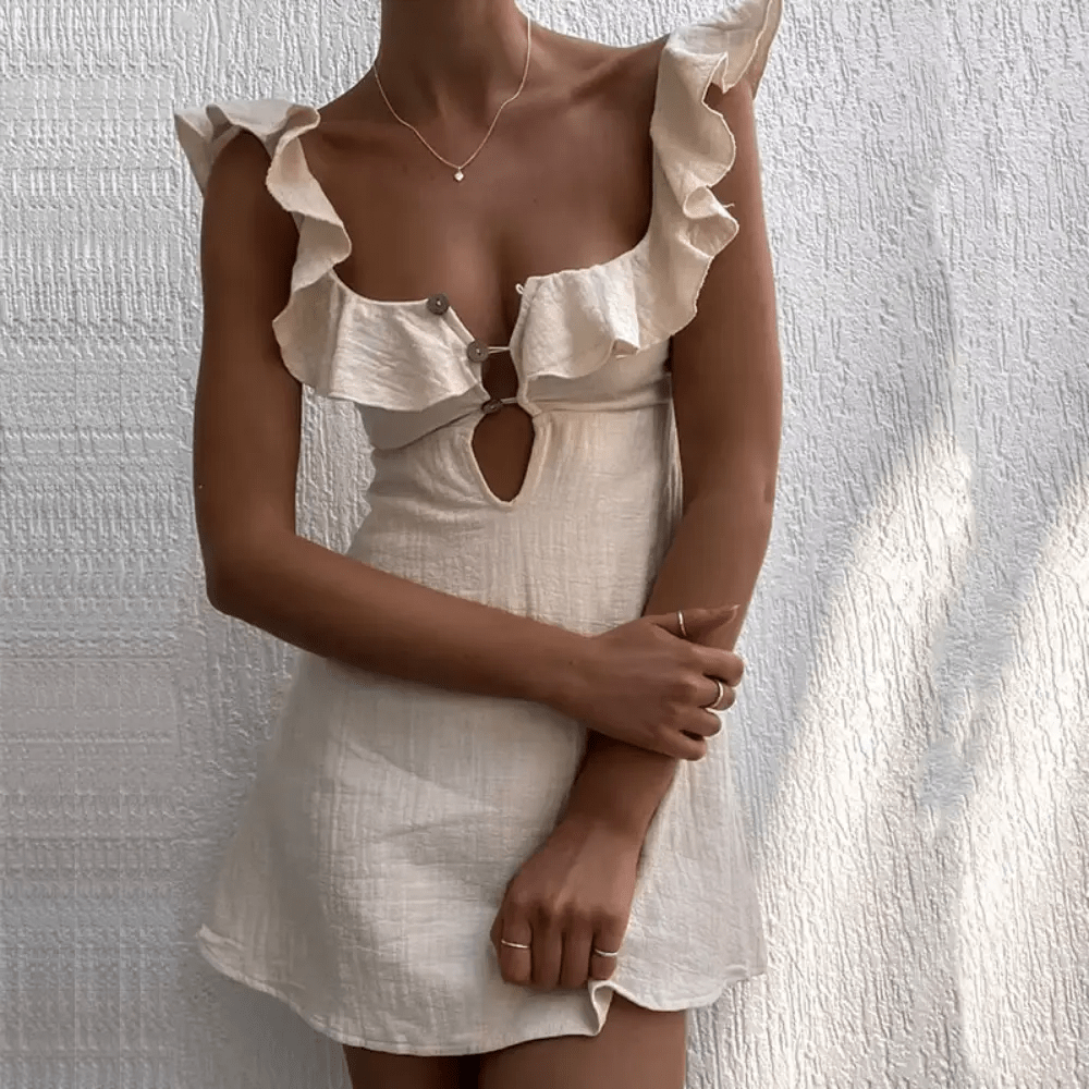 Sukienka mini z dekoltem w serek – falbaniaste ramiączka - Arkadya Outlet - Women Mini Dress