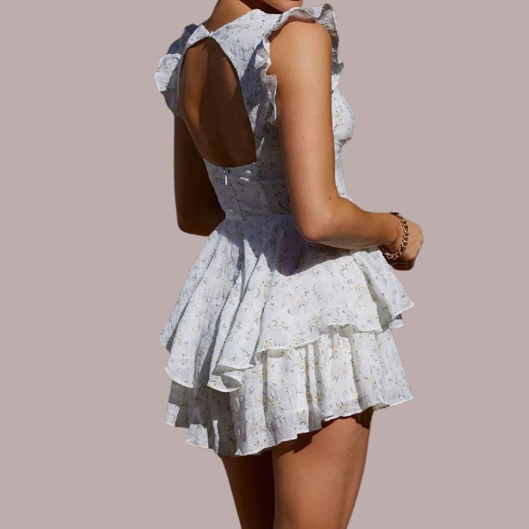 Sukienka mini z haftem ażurowym i dekoltem V - Arkadya Outlet - Women Mini Dress