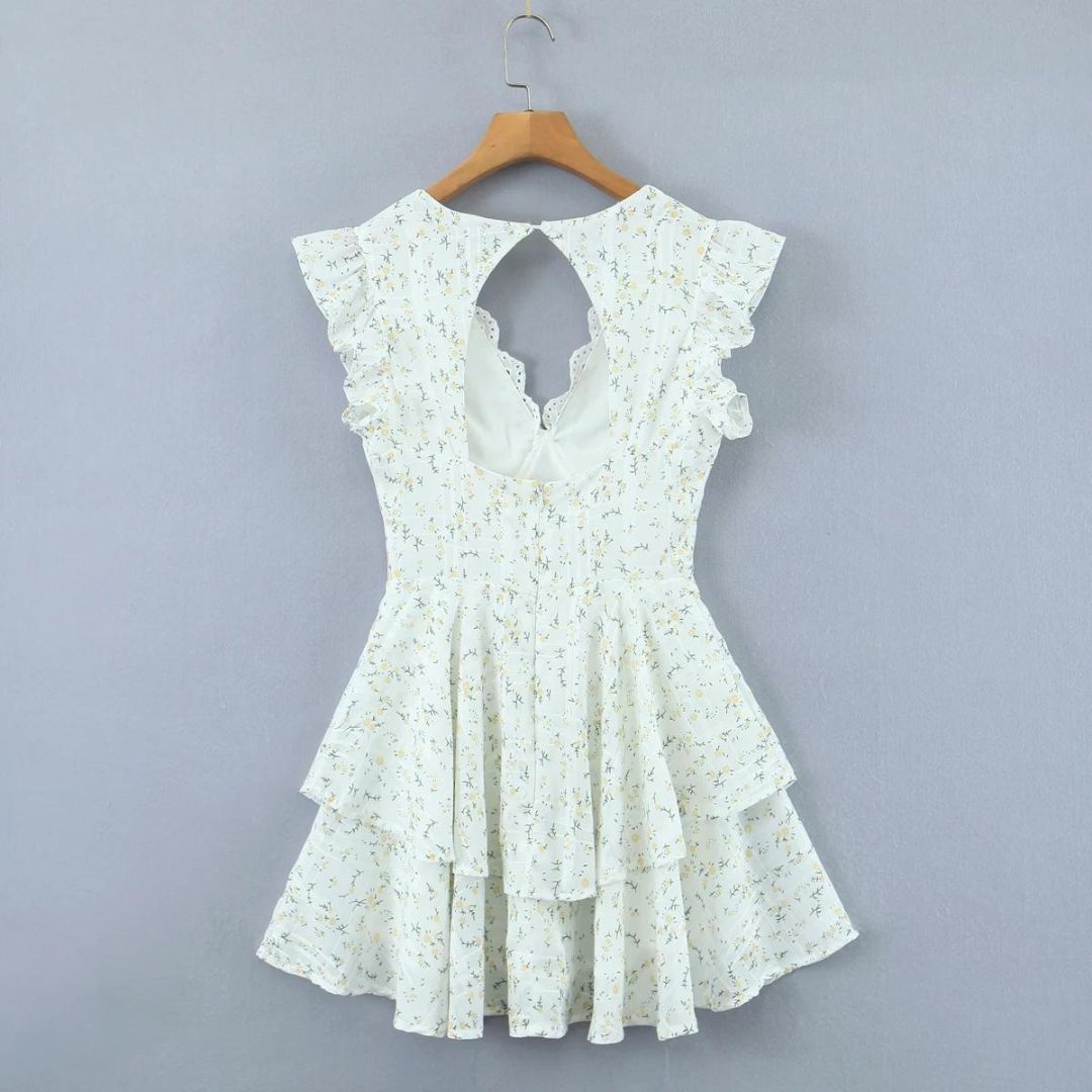 Sukienka mini z haftem ażurowym i dekoltem V - Arkadya Outlet - Women Mini Dress