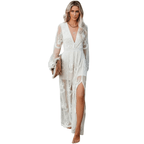 Sukienka wieczorowa maxi damska z długim rękawem i dekoltem V – haft, rozcięcie boczne - Arkadya Outlet - Women Maxi Dress