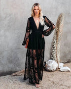 Sukienka wieczorowa maxi damska z długim rękawem i dekoltem V – haft, rozcięcie boczne - Arkadya Outlet - Women Maxi Dress