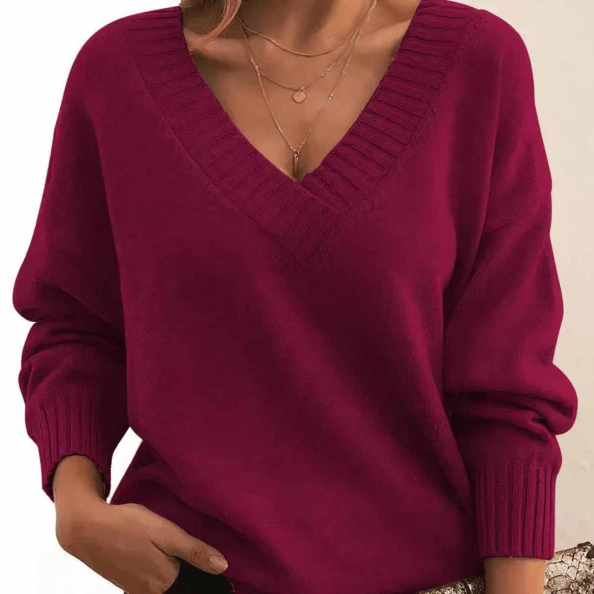 Sweter Damski | Dekolt w serek i prążkowane wykończenia - Arkadya Outlet - Sweaters