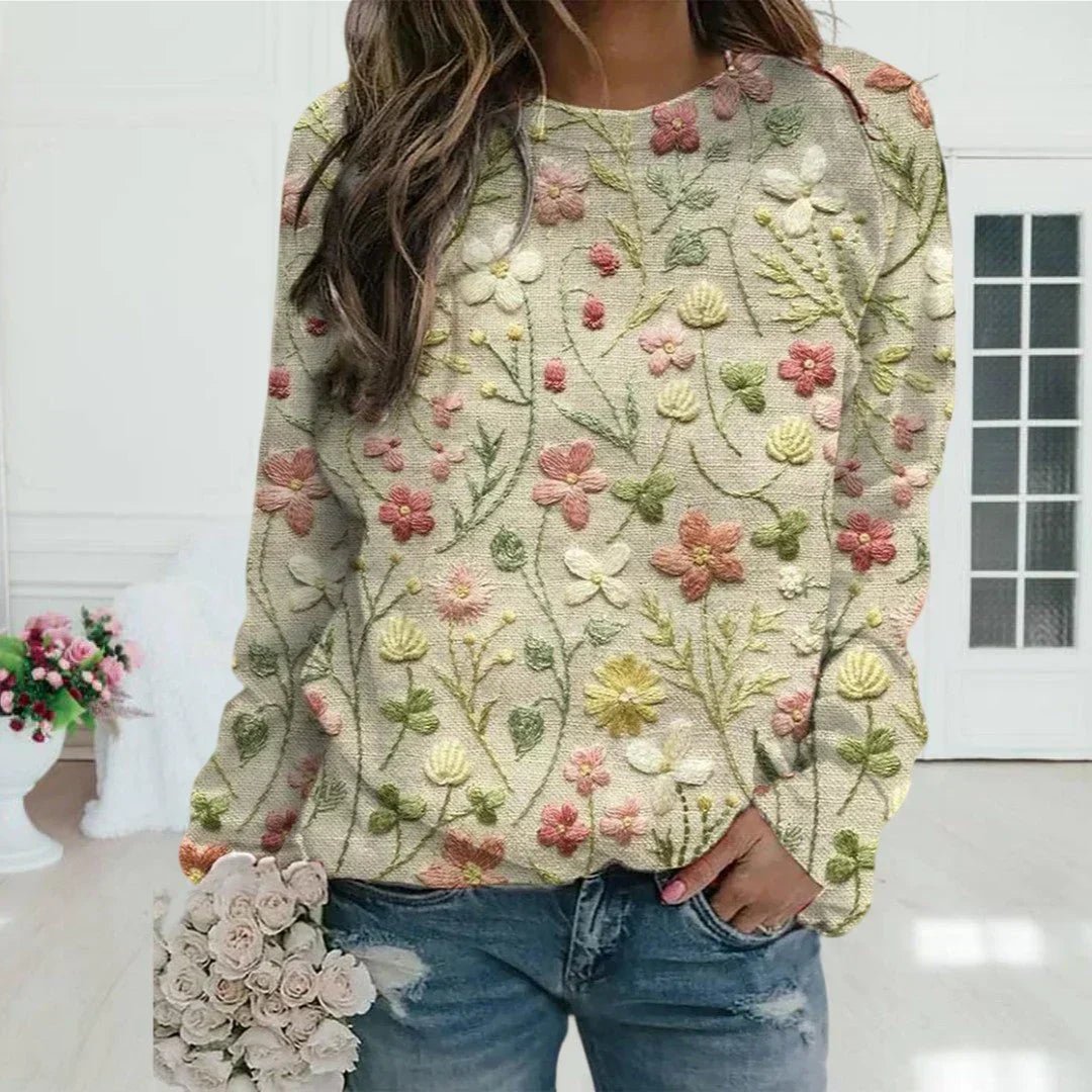 Sweter Damski | Długi Rękaw z Haftowanym Wzorem z Przodu - Arkadya Outlet - Sweaters