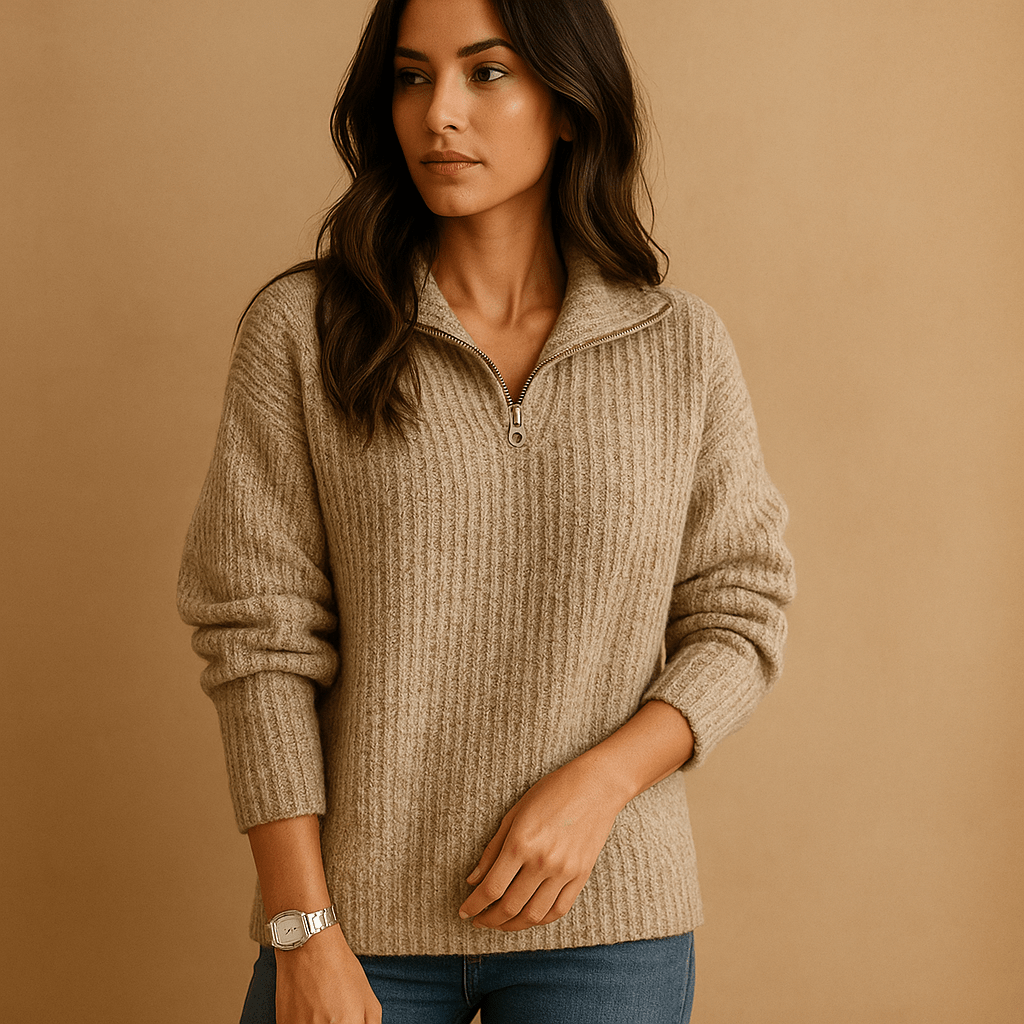 Sweter Damski | Dopasowany krój z zamkiem błyskawicznym do połowy - Arkadya Outlet - Sweaters