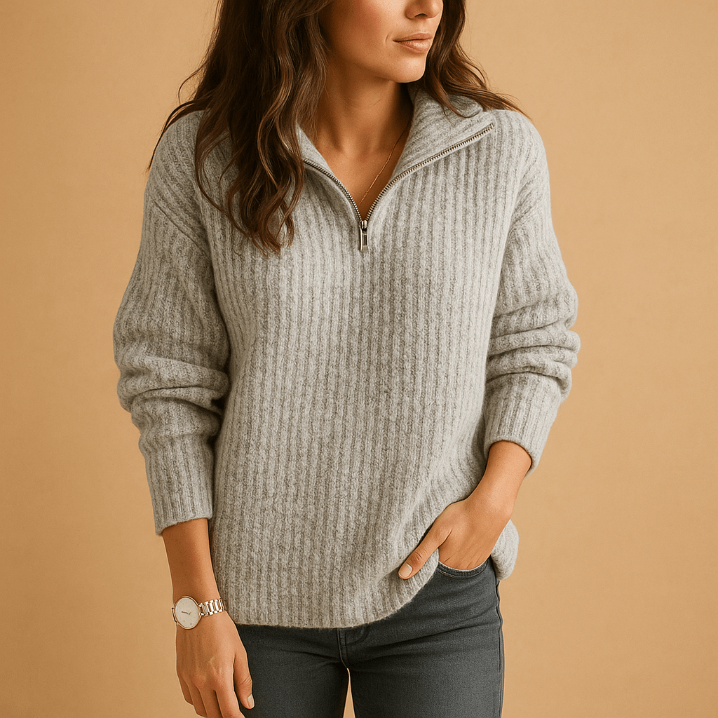 Sweter Damski | Dopasowany krój z zamkiem błyskawicznym do połowy - Arkadya Outlet - Sweaters