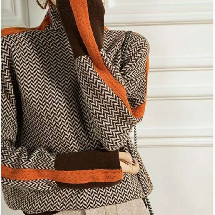 Sweter Damski | Golf ze Wzorem w Jodełkę i Dopasowanym Krojem - Arkadya Outlet - Sweaters