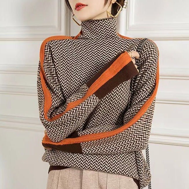 Sweter Damski | Golf ze Wzorem w Jodełkę i Dopasowanym Krojem - Arkadya Outlet - Sweaters