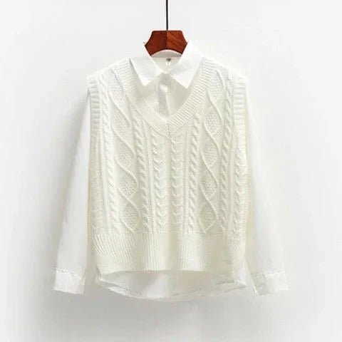 Sweter Damski | Luźny Krój z Dekoltem V i Splotem Warkoczowym - Arkadya Outlet - Sweaters