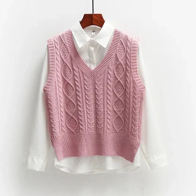 Sweter Damski | Luźny Krój z Dekoltem V i Splotem Warkoczowym - Arkadya Outlet - Sweaters