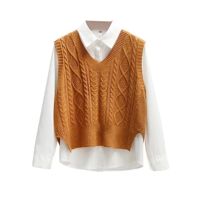 Sweter Damski | Luźny Krój z Dekoltem V i Splotem Warkoczowym - Arkadya Outlet - Sweaters
