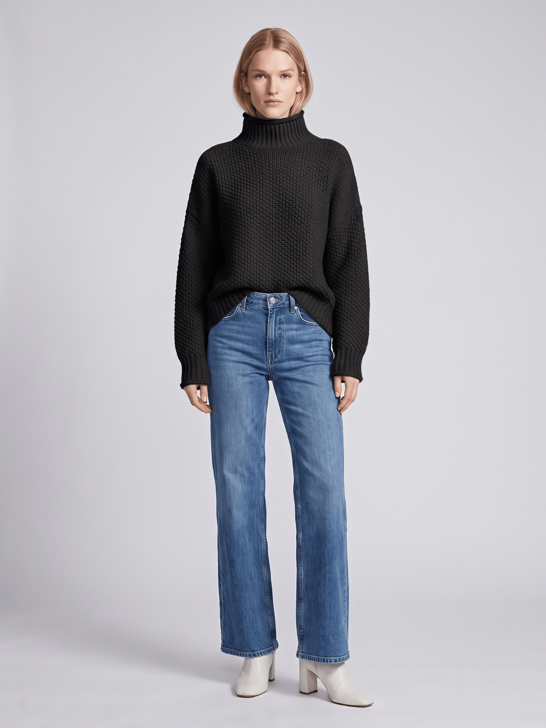 Sweter Damski | Luźny krój z golfem i fakturą waflową - Arkadya Outlet - Sweaters