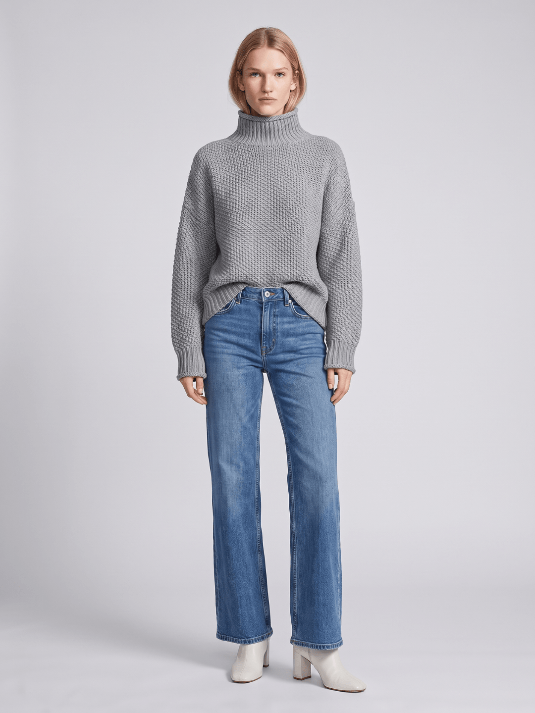 Sweter Damski | Luźny krój z golfem i fakturą waflową - Arkadya Outlet - Sweaters