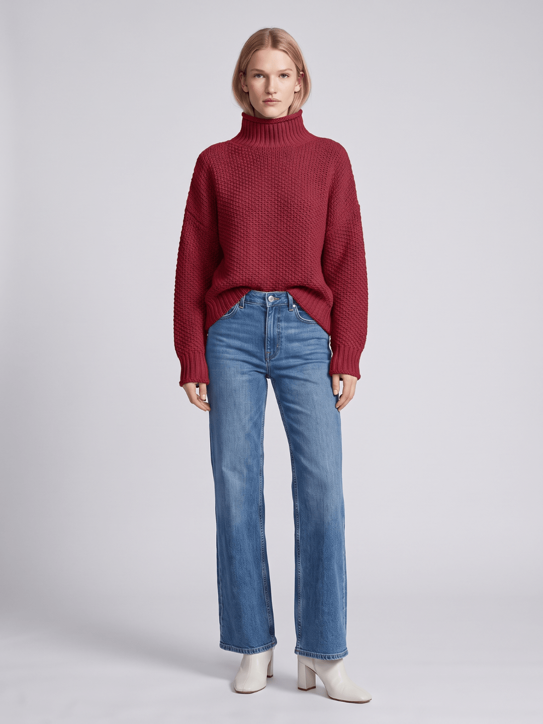 Sweter Damski | Luźny krój z golfem i fakturą waflową - Arkadya Outlet - Sweaters