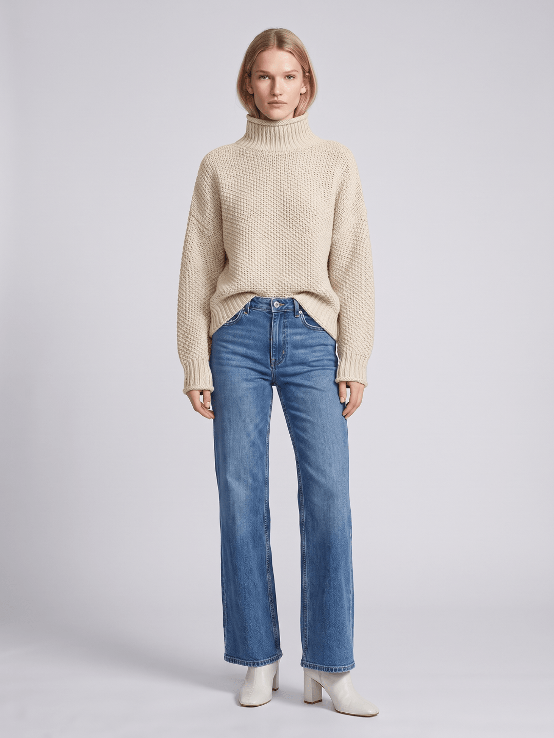 Sweter Damski | Luźny krój z golfem i fakturą waflową - Arkadya Outlet - Sweaters