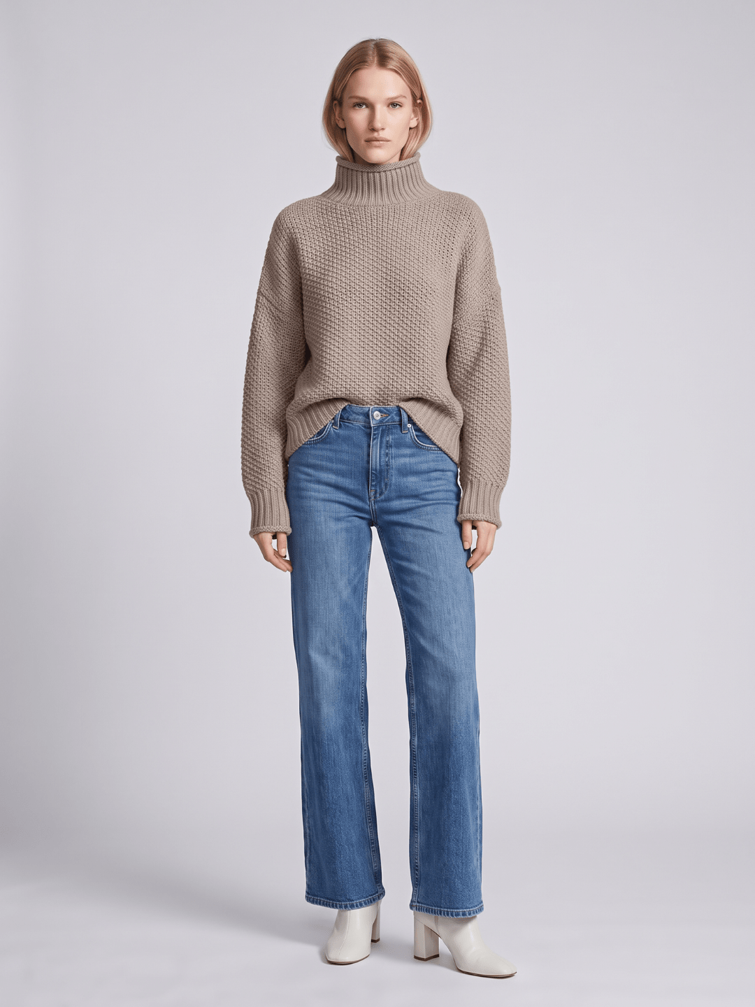Sweter Damski | Luźny krój z golfem i fakturą waflową - Arkadya Outlet - Sweaters