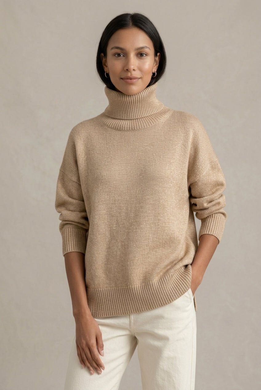 Sweter Damski | Luźny krój z golfem i żebrowanymi wykończeniami - Arkadya Outlet - Sweaters
