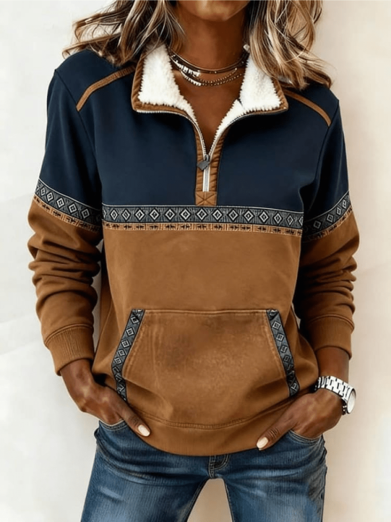 Sweter Damski | Luźny krój z zamkiem ćwierć i kieszenią kangurową - Arkadya Outlet - Sweaters