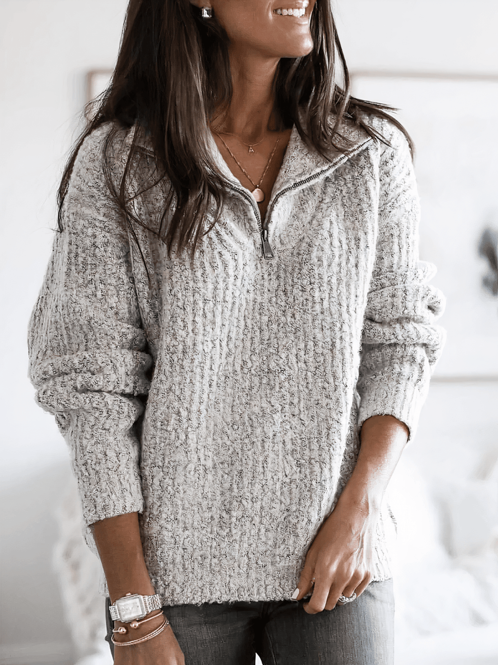 Sweter Damski | Oversized z zamkiem quarter-zip i warkoczowym wzorem - Arkadya Outlet - Sweaters