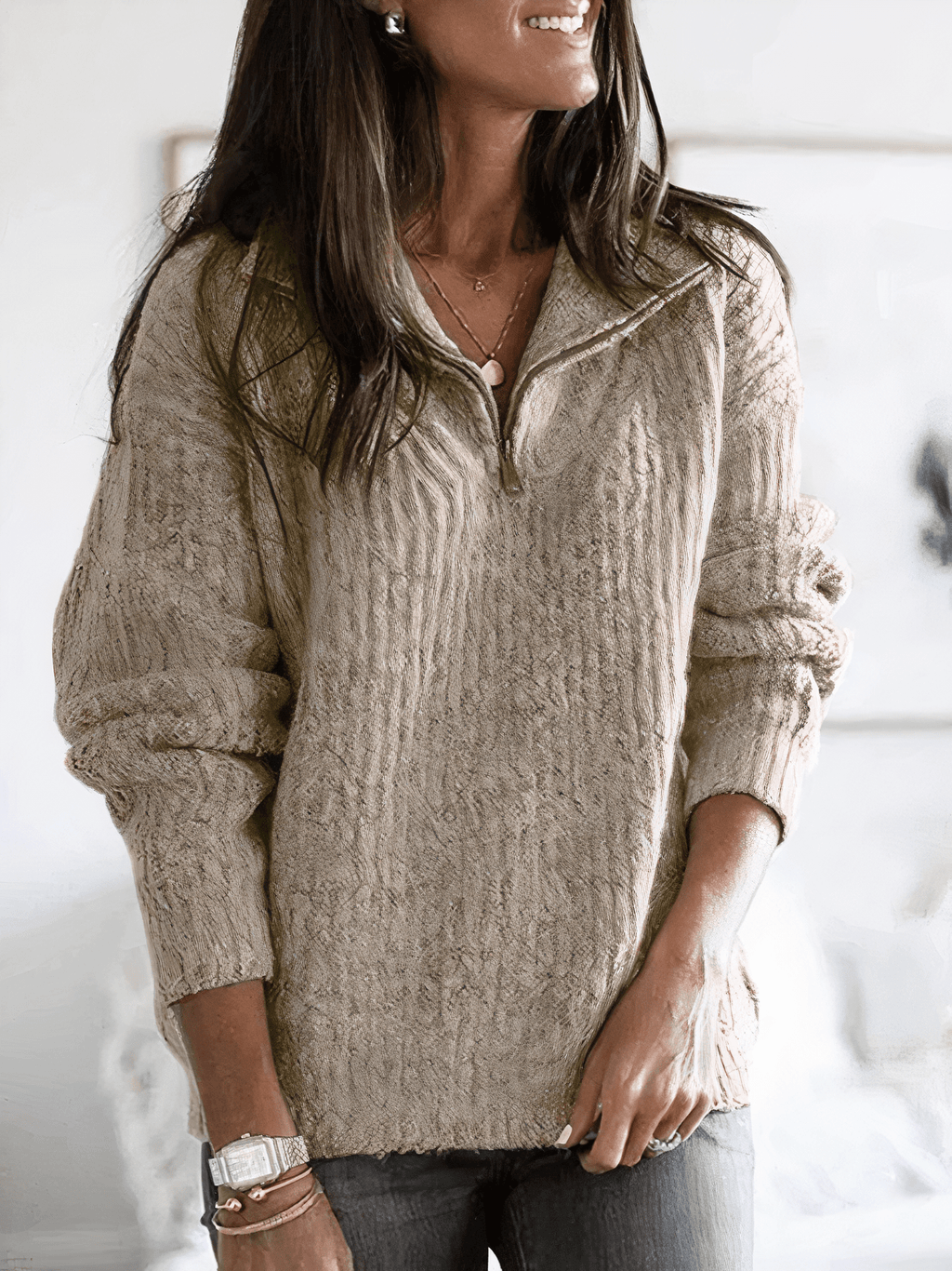 Sweter Damski | Oversized z zamkiem quarter-zip i warkoczowym wzorem - Arkadya Outlet - Sweaters