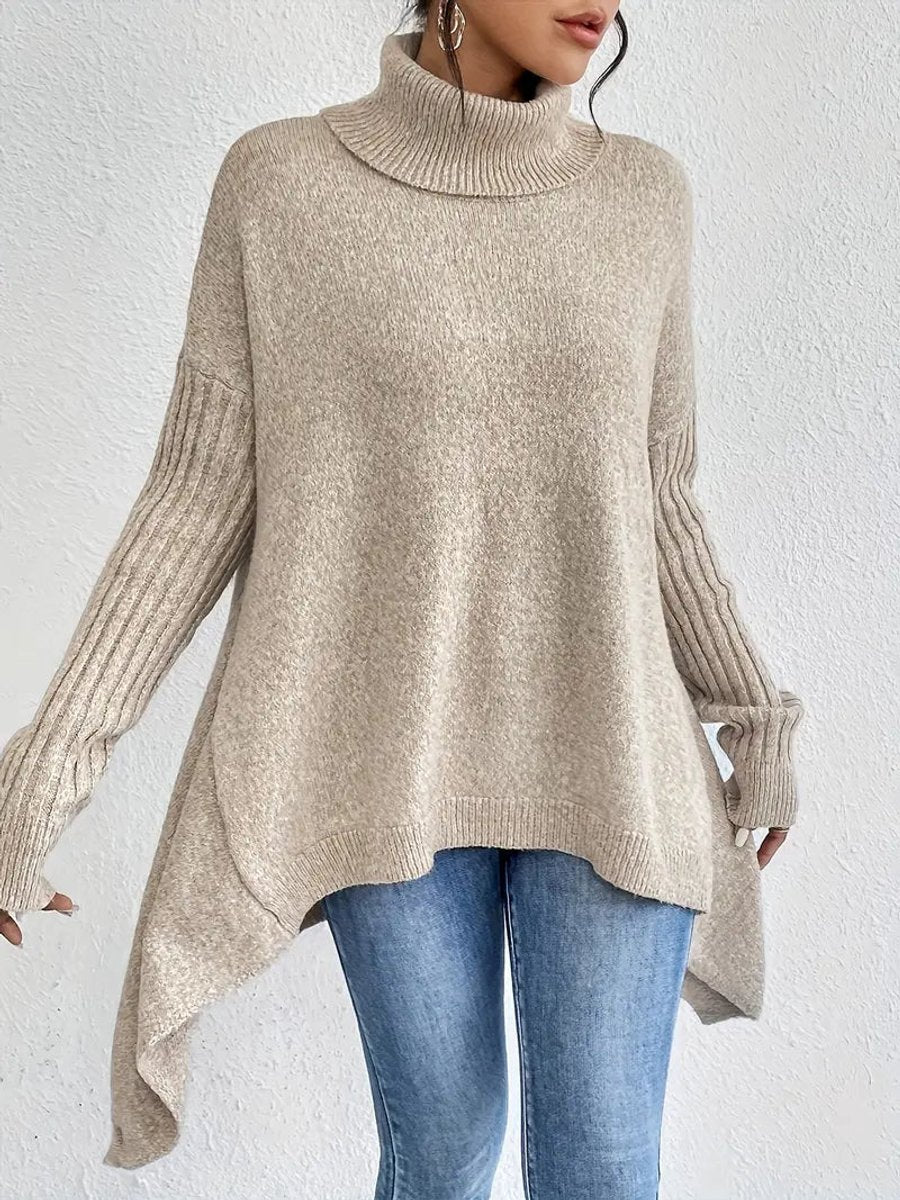 Sweter Damski | Oversizowy Krój z Golfem i Asymetrycznym Dołem - Arkadya Outlet - Sweaters