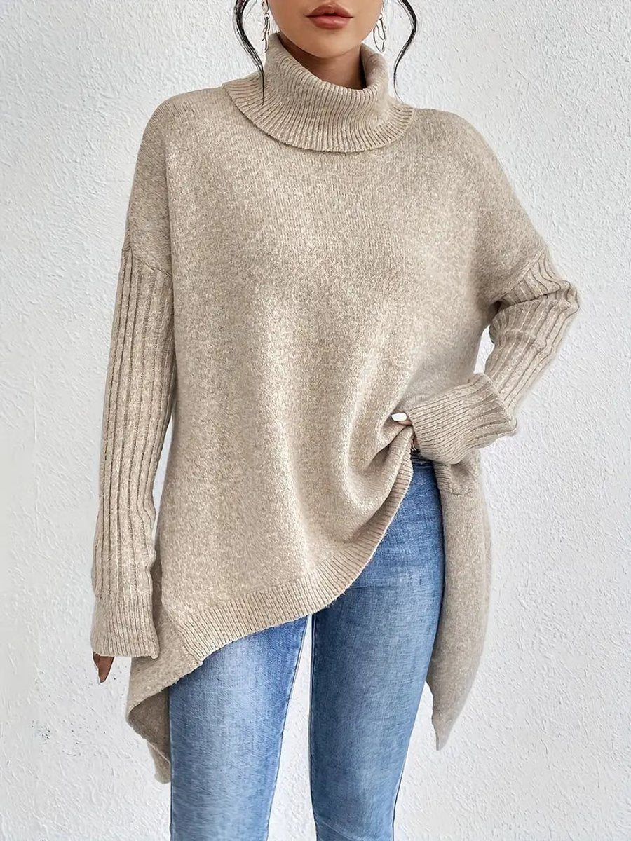 Sweter Damski | Oversizowy Krój z Golfem i Asymetrycznym Dołem - Arkadya Outlet - Sweaters