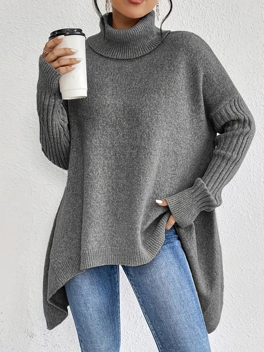 Sweter Damski | Oversizowy Krój z Golfem i Asymetrycznym Dołem - Arkadya Outlet - Sweaters