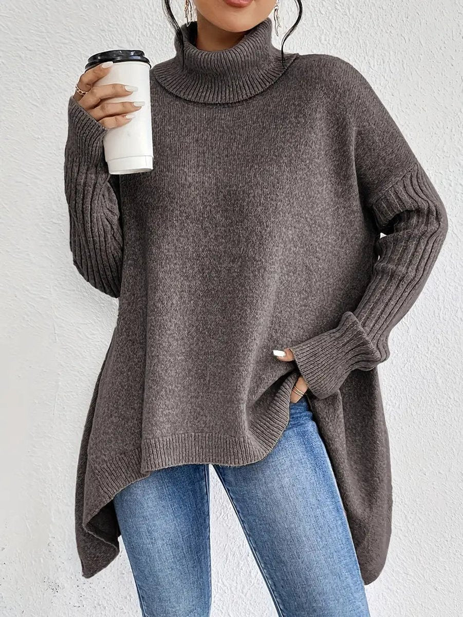 Sweter Damski | Oversizowy Krój z Golfem i Asymetrycznym Dołem - Arkadya Outlet - Sweaters