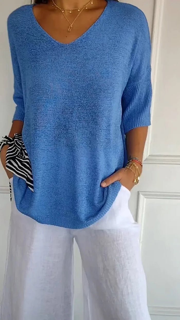Sweter Damski | Prążkowany krój z dekoltem w serek - Arkadya Outlet - Sweaters