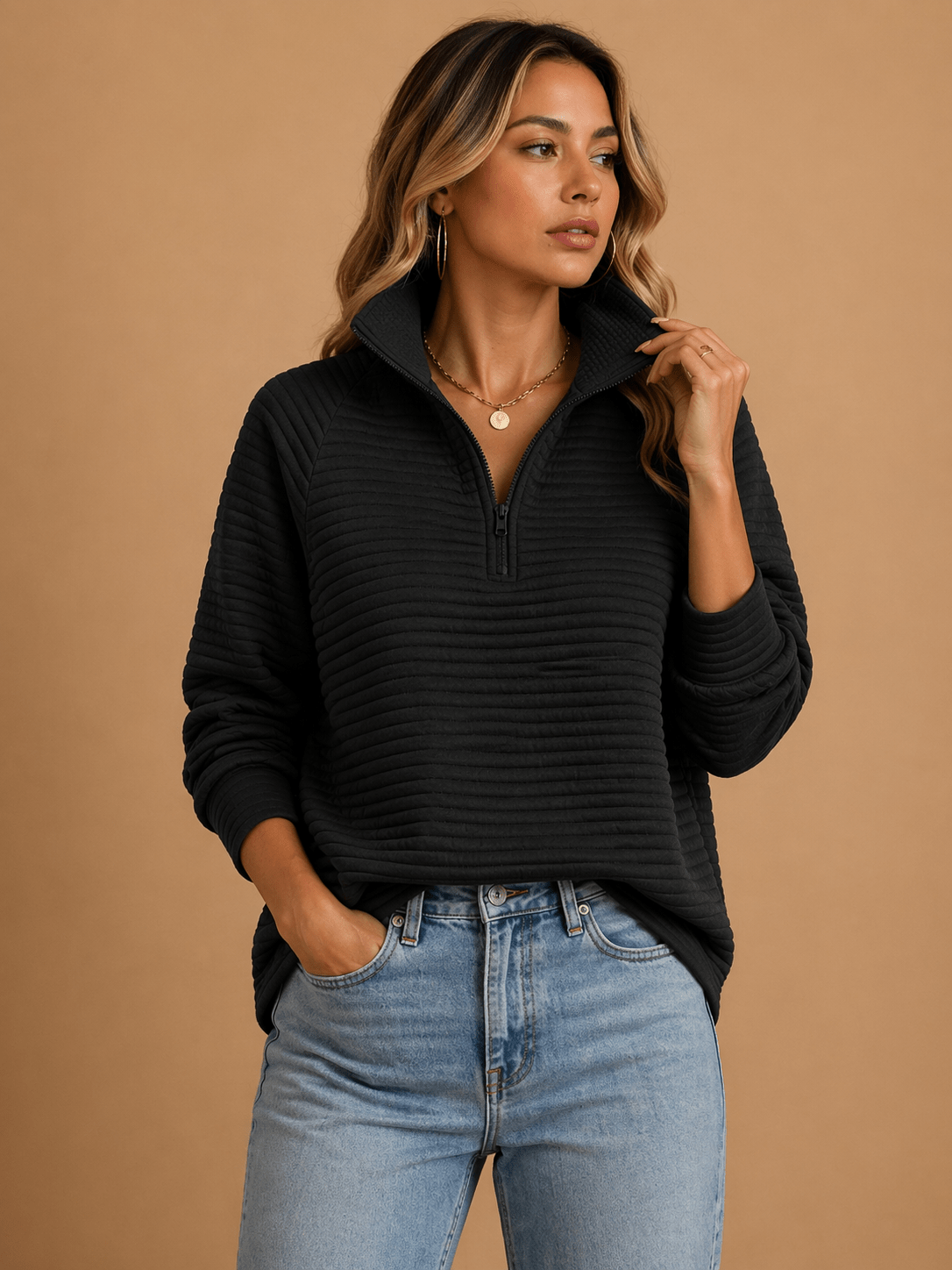 Sweter Damski | Prążkowany z zamkiem ćwierćdługości i golfem - Arkadya Outlet - Sweaters
