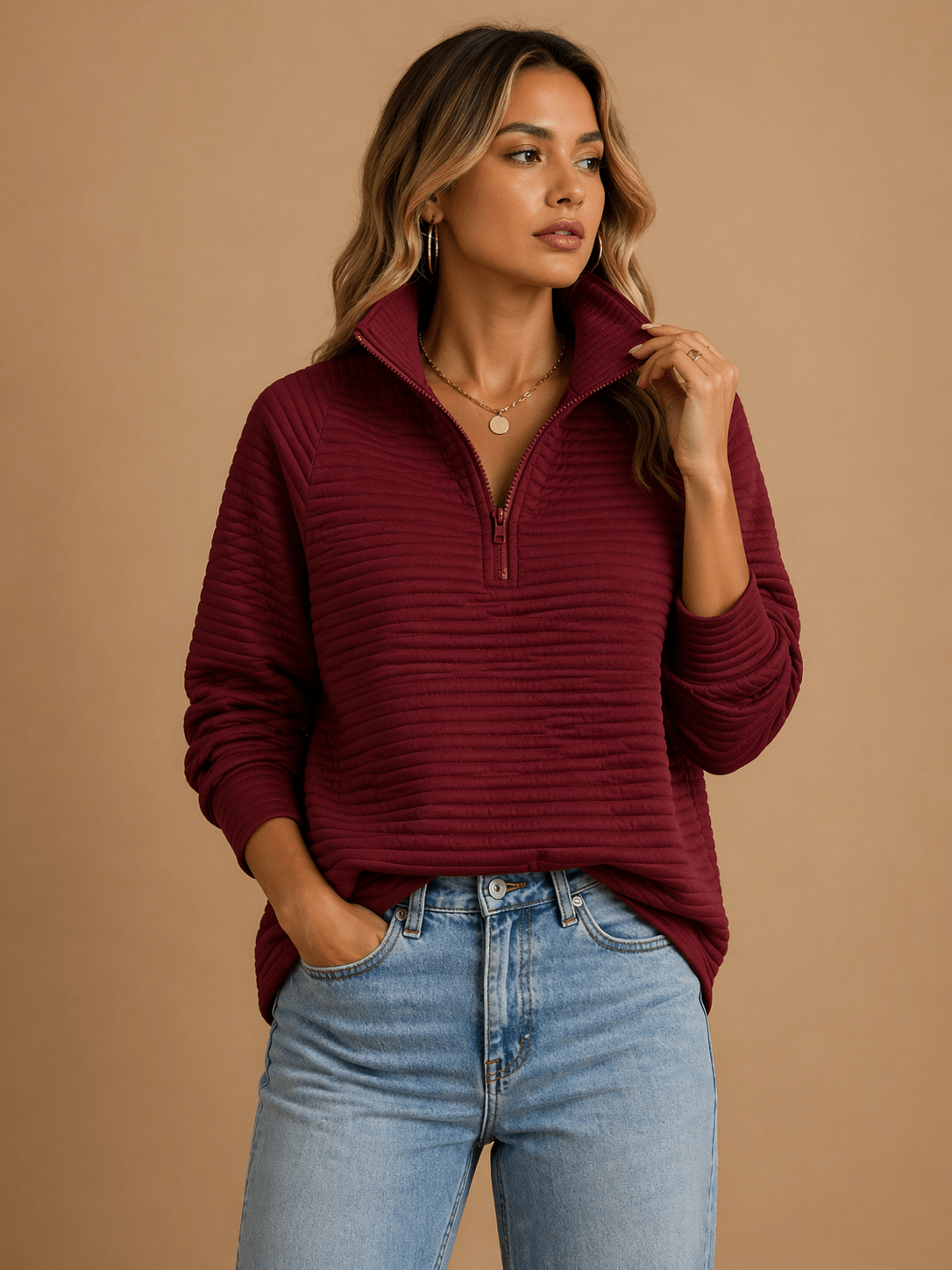 Sweter Damski | Prążkowany z zamkiem ćwierćdługości i golfem - Arkadya Outlet - Sweaters