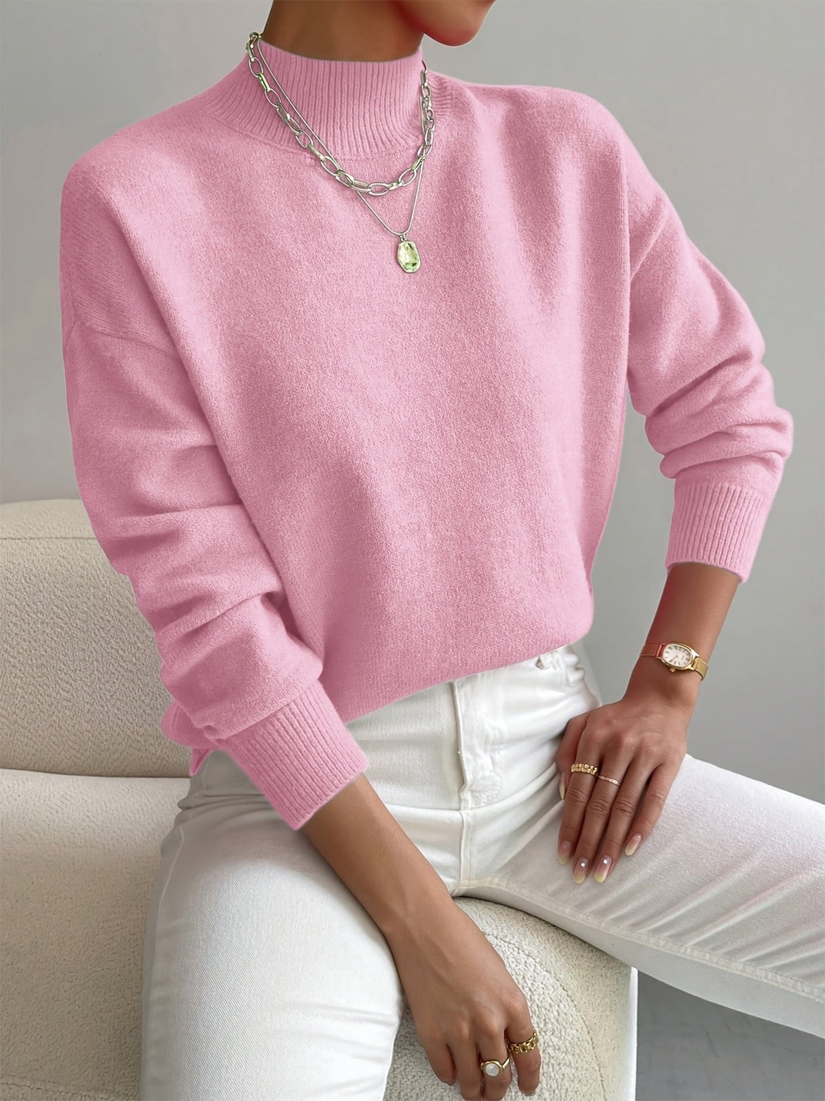 Sweter Damski z Golfem | Luźny Krój z Opuszczonymi Ramionami - Arkadya Outlet - Sweaters