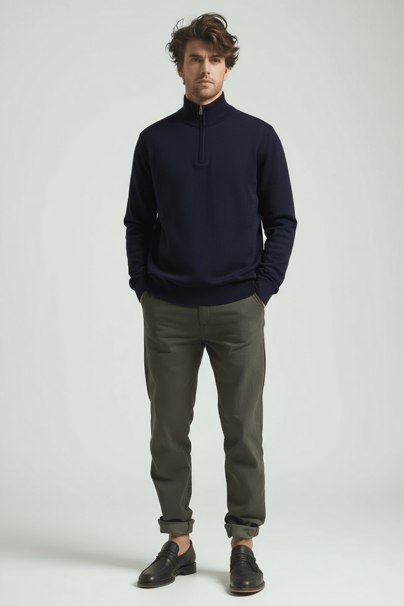 Sweter Męski | Dopasowany Krój z Zamkiem Ćwierć i Stójką - Arkadya Outlet - Sweaters