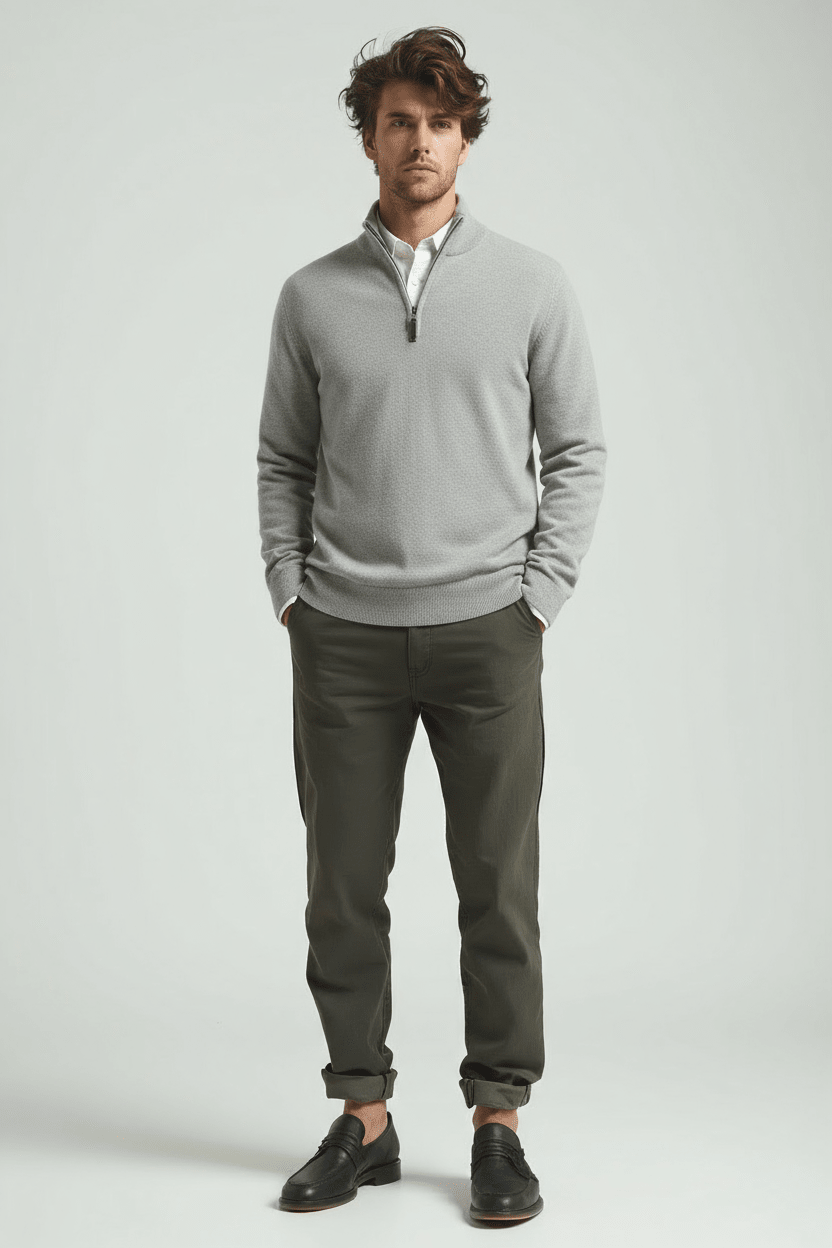 Sweter Męski | Dopasowany Krój z Zamkiem Ćwierć i Stójką - Arkadya Outlet - Sweaters
